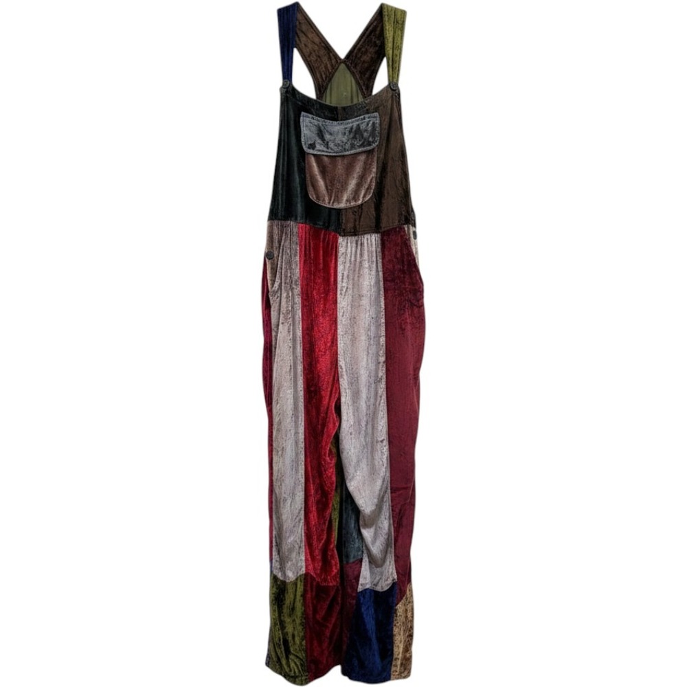 Sacred Threads Overalls Women Large Multicolor Patchwork Velvet Boho Hippie Core
